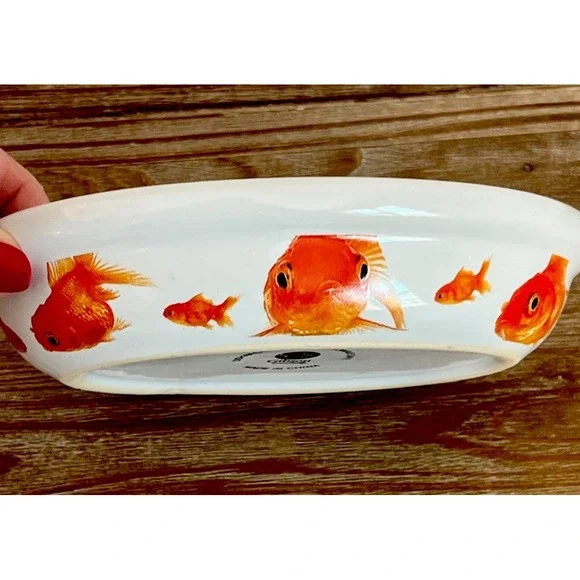 Gibson Goldfish Koi Oval Trinket Soap Cat Food Ceramic Bowl Dish 6 1/2" X 5" EUC - Picture 2 of 6
